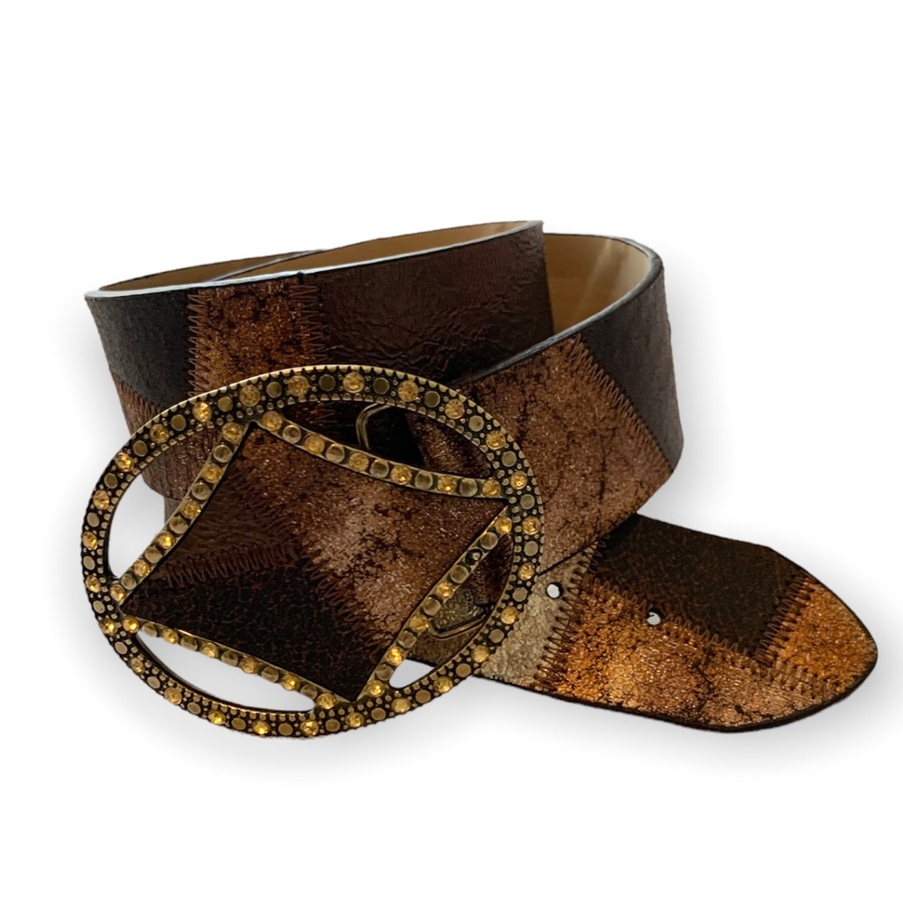 Chico’s Boho Western Patchwork Faux Leather Studded Gem Buckle Belt